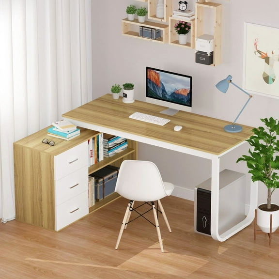 KULAGAGA L Shaped Computer Desk Corner Writing Workstation Table with Cabinet Drawer Storage for Home Office Study, Oak