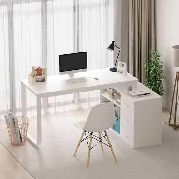 KULAGAGA L Shaped Computer Desk Corner Writing Workstation Table with Cabinet Drawer Storage for Home Office Study, White