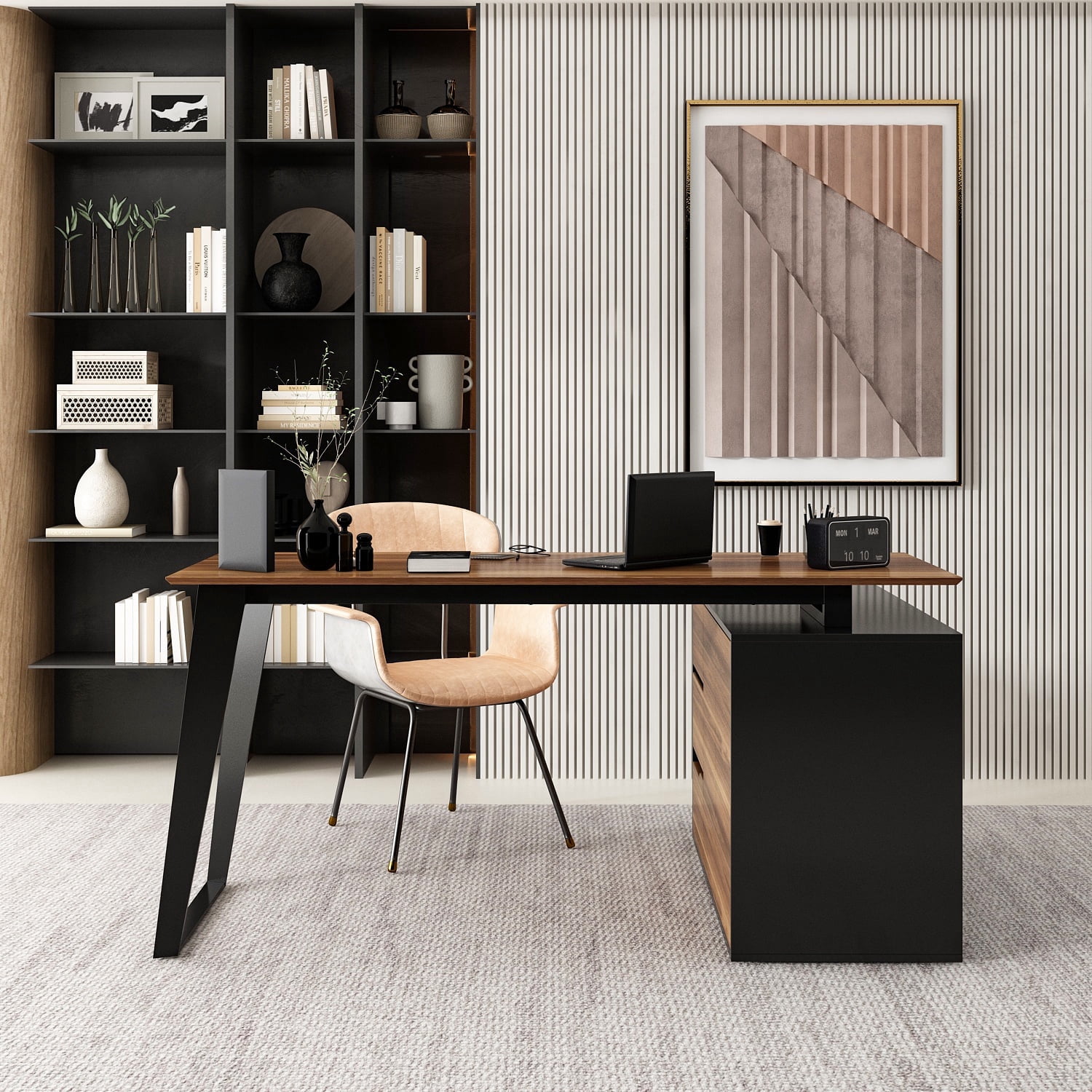KULAGAGA L Shaped Computer Study Desk with Cabinet and 3 Drawers, Corner Writing Workstation Table with Metal Legs for Home Office, Walnut