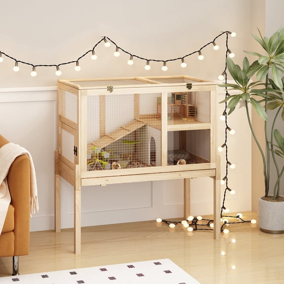 NARTRU  2-Story Natural Wooden Guinea Pig Cage for 2, Indoor Small Animal Habitat with Pull Out Tray, Ramp and Platform - Rabbit & Hamster House