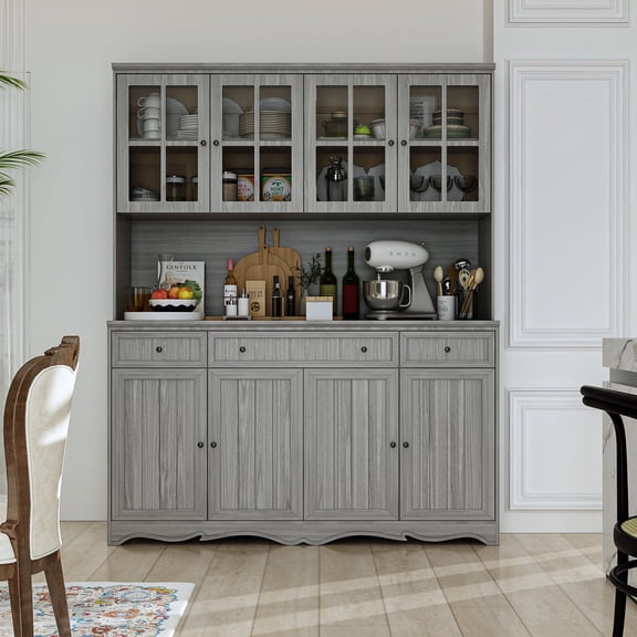 KULAGAGA Large Kitchen Pantry Hutch Cabinet, Storage Cupboard with Drawers and Glass Door, Grey