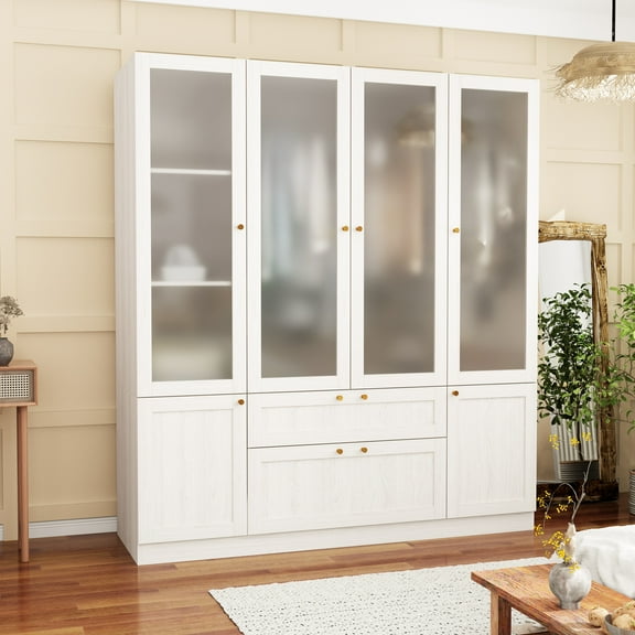 KULAGAGA Large Wardrobe Closet with 4 Acrylic Doors and 2 Drawers, Armoire Wardrobe Closet with Hanging Rod, for Bedroom Wood Grain (63W x 19.7D x 70.9H)