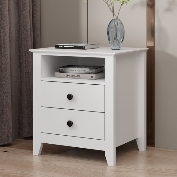 KULAGAGA Mid-Century Modern Nightstand, 2-Drawer End Table with Open Shelf for Bedroom Living Room