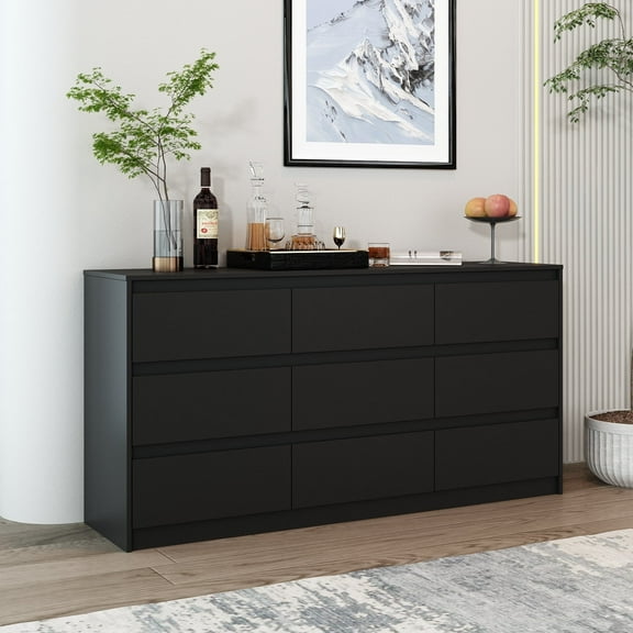 KULAGAGA Modern 9-Drawer Dresser Chest,63” Wide Storage Organizer with Handle-Free Design for Bedroom, Living Room, or Hallway - Black (63”W x 15.7”D x 31.5”H)