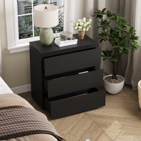 KULAGAGA Modern Nightstand Bed Side Table with 3 Drawers, Night Stand with No Handle Design, End Sofa Table for Living Room, Black 30.3W x 15.7D x 32.3H