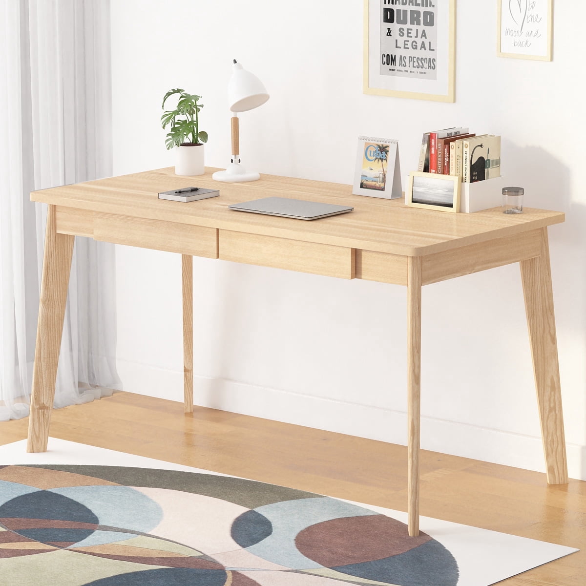 KULAGAGA Modern Simple Style 47.2"*21.6" PC Desk Computer Desk with Solid Wood Legs, Home Office Study Writing Table Workstation, Oak