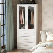 KULAGAGA Wardrobe Closet with Glass Doors, Modern White Bedroom Armoire with Gold Handles, 3 Drawers, Hanging Rod, 31.7”W x 19.3”D x 74.8”H