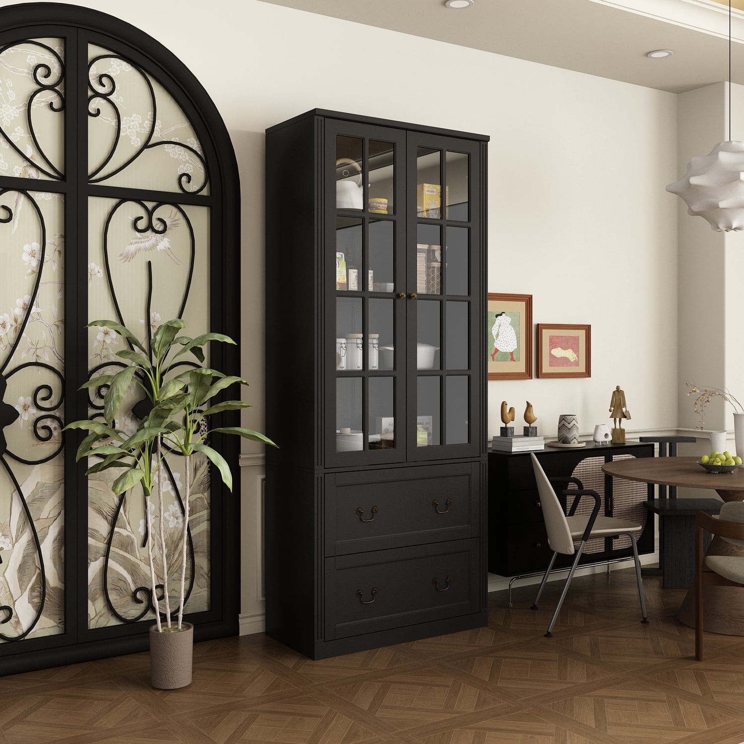 KULAGAGA Pantry Cabinet Kitchen Storage Cabinet with 2 Drawers & Glass Doors, Adjustable Shelves, Pantry and Kitchen Storage Black 15.7" D x 31.5”W x 78.7”H