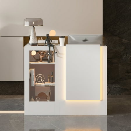 KULAGAGA Reception Desk with Counter, Colored LED Light, Glass Front & Open Shelves, Retail Counter with Adjustable Glass Shelves, Checkout Front Desk for Office Clinic Lobby Salon, White
