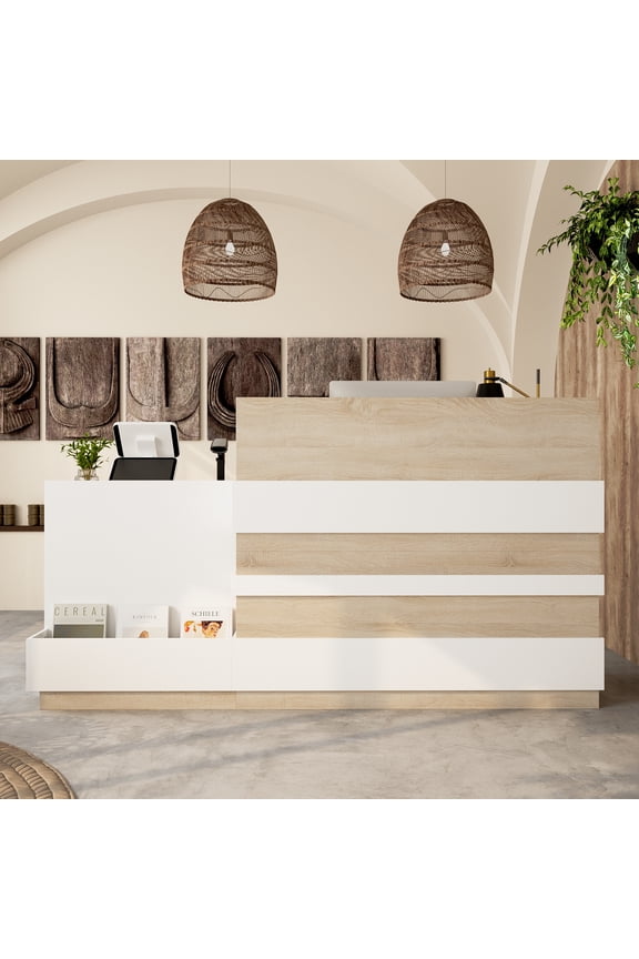 Reception Desk with Drawer & Cabinet, Reception Counter Desk with Keyboard Tray, Front Reception Table Retail Counter for Checkout, for Office Store, Oak and White, 25.2D x 87.2W x 47.2H