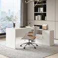 thumbnail image 1 of KULAGAGA Reversible L-Shaped White Writing Workstation Table, Computer Desk with Cabinet, Drawer and Shelf for Home Office Study, 55 inch, 1 of 9