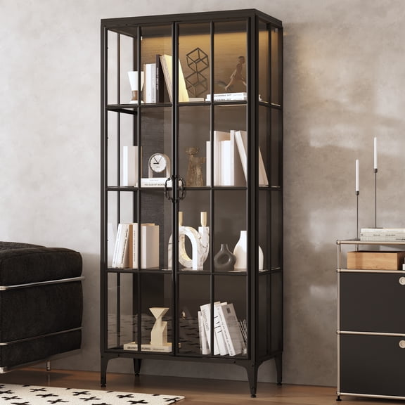 KULAGAGA Standard Bookcase with Glass Doors & LED Lights, Display Cabinet with 4 Tier Glass Shelves & Metal Frame, Black, 31.5W x 15.7D x 70.9H