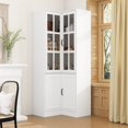 thumbnail image 1 of KULAGAGA Tall L-Shaped Corner Bookshelf with 5 Storage Shelves & 2 Glass Doors, Wooden Display Storage Cabinet for Home Office, Living Room, White, 1 of 7