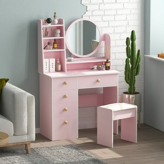 KULAGAGA Vanity Set with Mirror, Cushioned Stool, Storage Shelves, Makeup Organizer, 5 Drawers Makeup Vanity Desk , Dressing Table , Pink