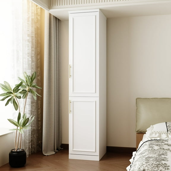KULAGAGA Wardrobe Closet with 2 Doors, Modern White Bedroom Armoire with Gold Handles, Modern Clothes Storage Cabinet with Shelves, Hanging Rod, 15.7”W x 19.3”D x 74.8”H