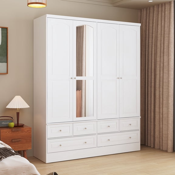 KULAGAGA Wardrobe Closet with Full-Length Mirror, Modern Wooden Armoire with 4 Doors & 6 Drawers, Clothes Storage Cabinet Organizer for Bedroom Apartment, White