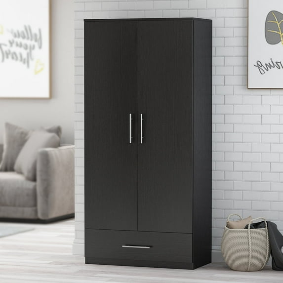 KULAGAGA Wardrobe Storage Cabinet, Armoire Closet Organizer with Drawer and Hanging Rod, Black