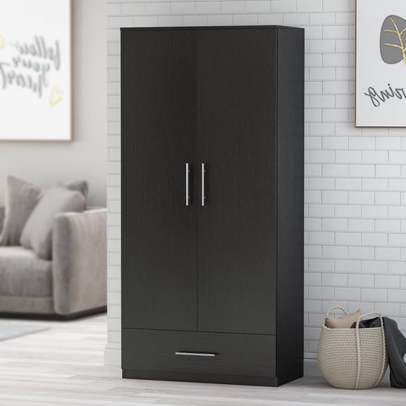 KULAGAGA Wardrobe Storage Cabinet, Armoire Closet Organizer with Drawer and Hanging Rod, Black