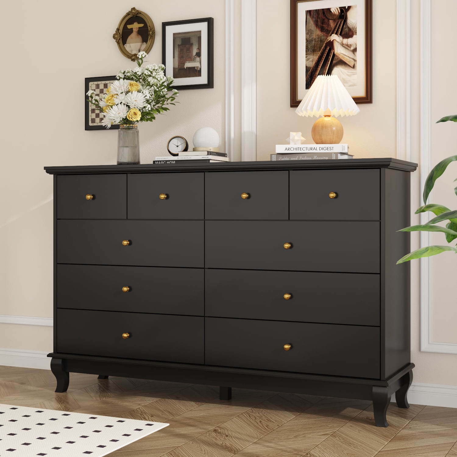 KULAGAGA  Dresser with 10 Drawers, Wood Storage Chest of Drawers for Bedroom Living Room Hallway, Black