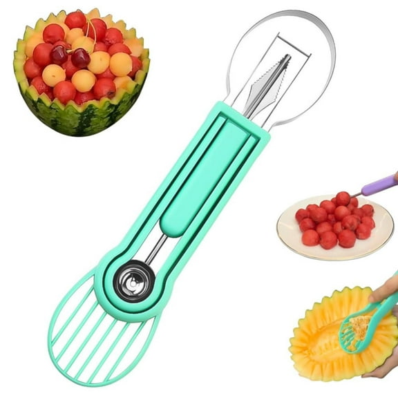 KULOKHUI Cooking Spoon and Rice Scooper Melon Scoop Set 2024 Upgrade 4 In 1 Stainless Steel Watermelon Cutter Fruit Carving Tools Set Watermelon Fork Slicer Cutter Ice MelonGreenOne Size