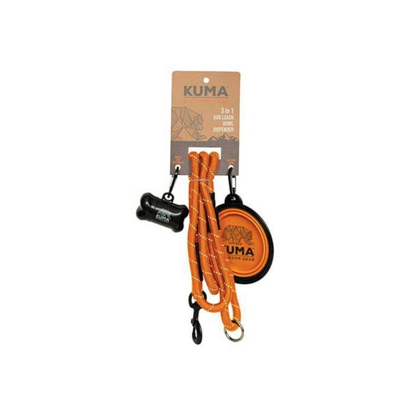 KUMA 857-KM-31DL-ORG 3 in 1 Dog Leash, Collapsible Bowl, & Bag Dispenser, Orange