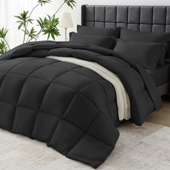 WISHEAD 7 Piece Comforter Set King Size, Ultra Soft Bed in a Bag, All Season Bedding Set with Comforter, Sheets, Pillowcases & Shams, Black