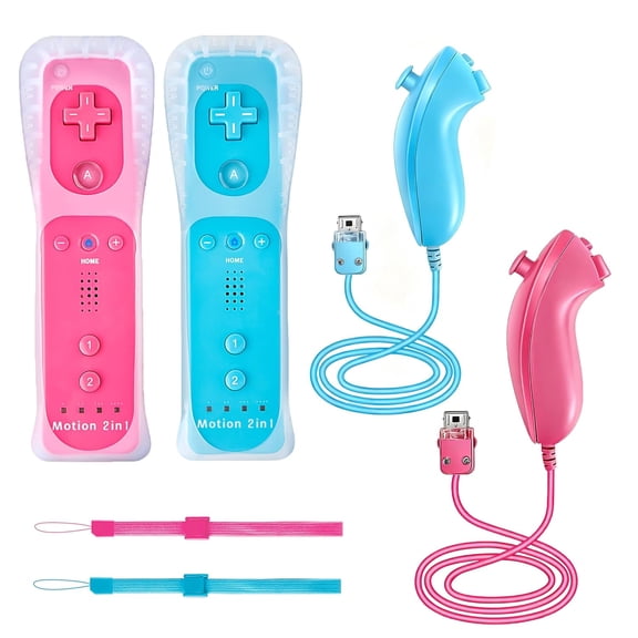 KUMEE 2Pack Motion Plus Controllers with Nunchucks Remote Controllers with Built in Motion Plus Compatible for Wii U Consoles(Pink+Light Blue)