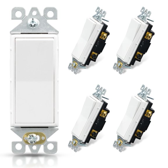 KUMEE 3 Way Decorative Light Switch,15Amp,120-277 Volt,Ac Decorator Rocker Paddle Wall Switch Replacement,Self-Grounding,Residential and Commercial Grade,Ul Listed (5 Pack,Glossy White)