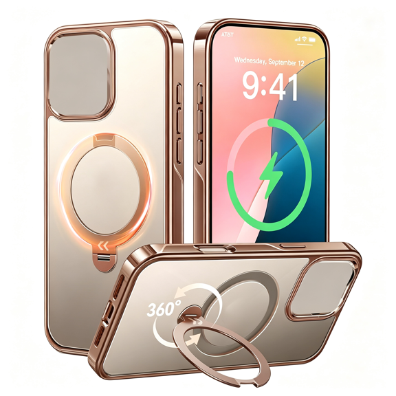 KUMEE 360 Spin Magnetic Stand Iphone 16 Pro Case Desert Titanium Compatible 16Ft Military Protection Slim Smooth Hand-Polished Frame Titanium Alloy Sturdy Stand 6.3'' Rose Gold