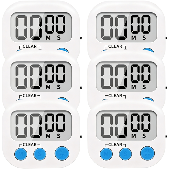 KUMEE 6 Pack Small Digital Kitchen Timer Magnetic Back and Onoff Switch,Minute Second Count Up Countdown,Convenient Digital Kitchen Timer White