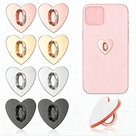 KUMEE 8Pcs Phone Charm Hook Cell Phone Ring Holder,Cute Heart Phones Charm Hooks Adhesive Smartphone Finger Ring Grip Metal Loop Stand for Cellphone Case Pad Tablet Diy Hanging,4 Colors