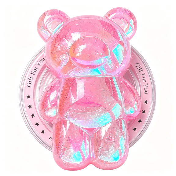KUMEE Cute Kawaii 3D Bear Phone Grip Stand,Iridescent Holographic Resin Cell Phone Holder & Kickstand,Compatible with Iphone, ,Android (Candy Pink)