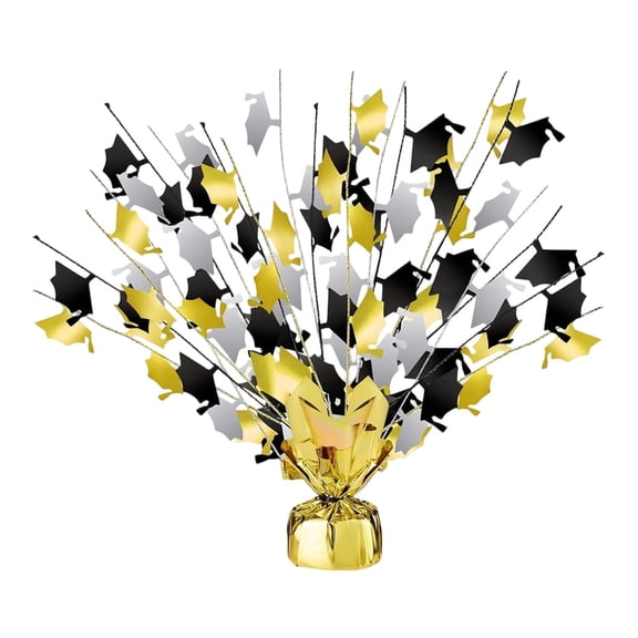 KUMHONW 1-Pack Metallic Gleam ’N Burst Centerpiece,Black/Gold/Silver Table Decor for Graduation Party with Mini Grad Caps,Tableware Decorations,17.78"