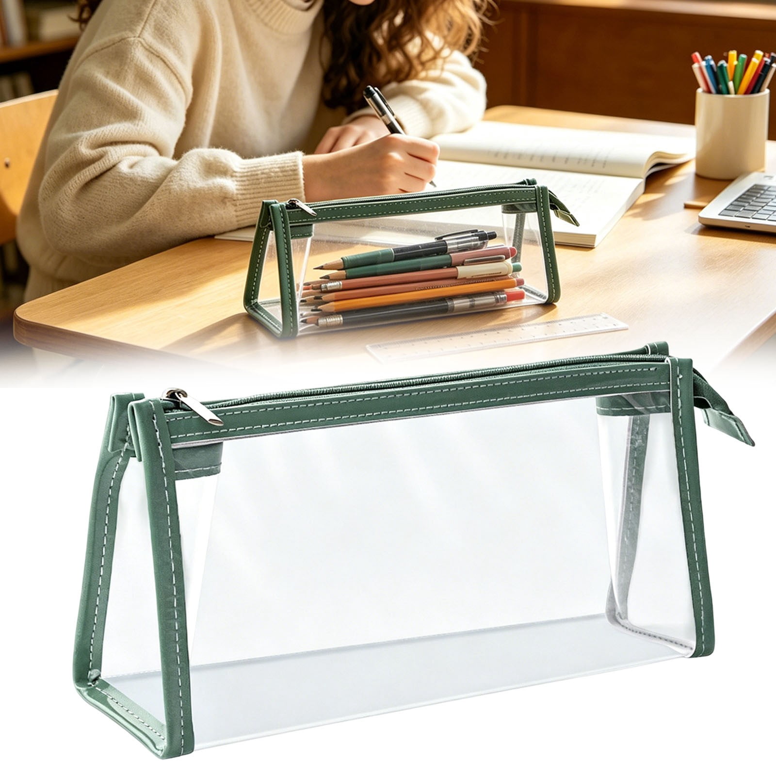 KUMHONW 1Pcs Travel Cosmetic Makeup Bags,Clear Pencil Cases,Transparent Pencil Pouch with Zipper,Multi-function Stationery Organizer for Adults Home,Office,Vacation (Army Green)