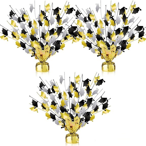 KUMHONW 2-Pack Metallic Gleam ’N Burst Centerpiece,Black/Gold/Silver Table Decor for Graduation Party with Mini Grad Caps,Tableware Decorations,17.78"