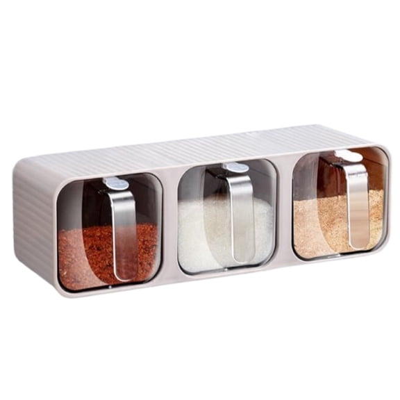 KUMHONW 3 Grids Seasoning Organizer Box, Stainless Steel Salt Container with Lid and Spoon, Seasoning Containers with Stainless Steel Rack for Home, Kitchen, Cafe, Storing Salt, Sugar, Pepper, Spice