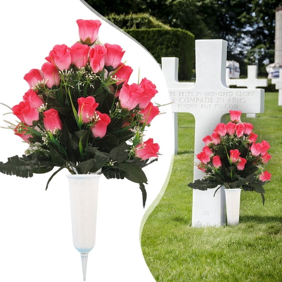 KUMHONW Artificial Cemetery Flowers for Grave Memorial Day Flowers for Cemetery,1Pack Artificial Silk Roses Daisy Bouquets with Cemetery Vases for Outdoor Grave Decorations ﻿ (deep pink)