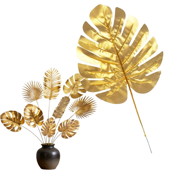 KUMHONW Artificial Gold Palm Leaves with Stem 1pcs | Tropical Wall Decor | Philodendron Monstera Fronds | Wedding Party Decorations | Faux Palm Tree Leaf AF55