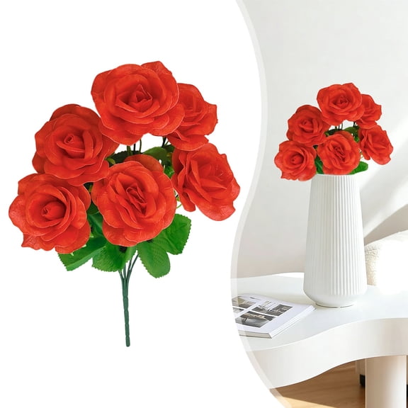 KUMHONW Artificial Roses Fake Flowers 6 Heads Arrangement Silk Bouquet Glorious Meanings for Home Office Parties and Wedding Decoration (bright red)