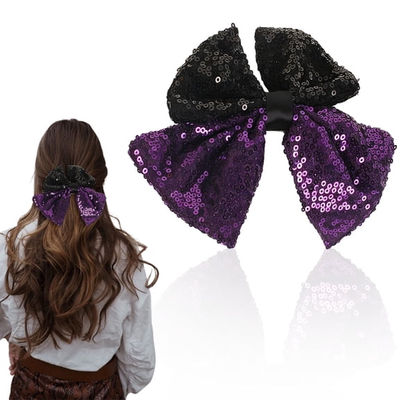 KUMHONW Glitter Cheer Bow Clip - 5.51x6.14 Inch Cheerleading Sequin Hair Bow with Tails for Girls Teen Softball Cheerleader Outfit Uniform (Purple Black)