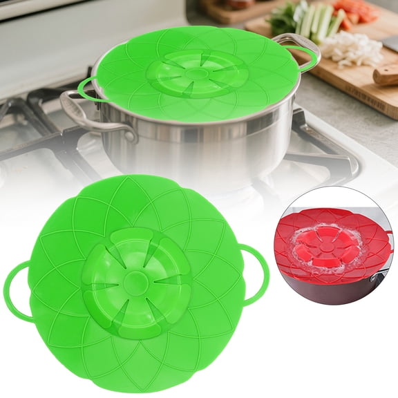 KUMHONW Kochblume Spill Stopper, 12.2-Inch, Green，1Pc Silicone Spill Stopper Pot Pan Lid, Multi-Function Kitchen Tool, Boil Over Safeguard