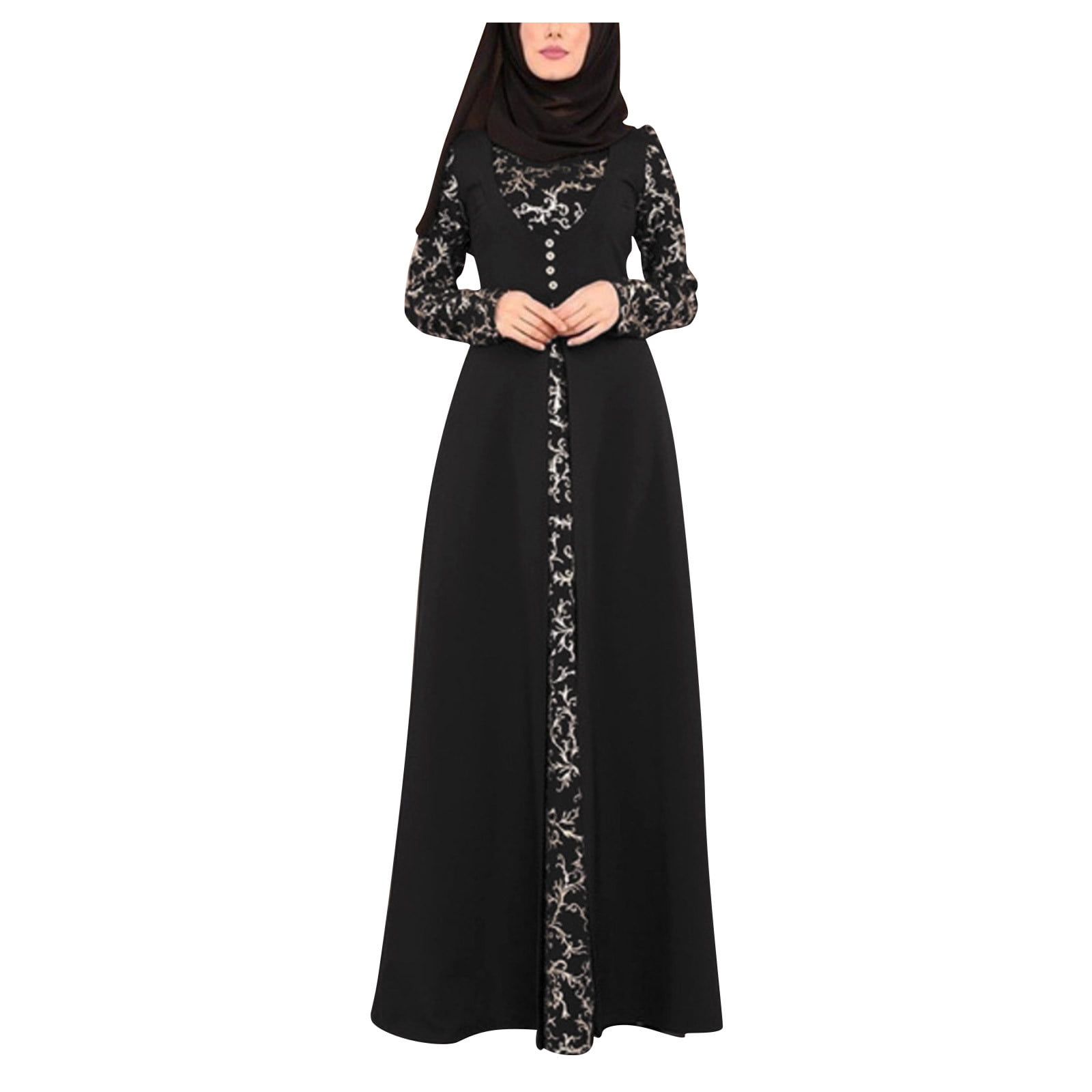 KUNAIK Women Muslim Dress Abaya Islamic Lace Stitching Maxi Dress