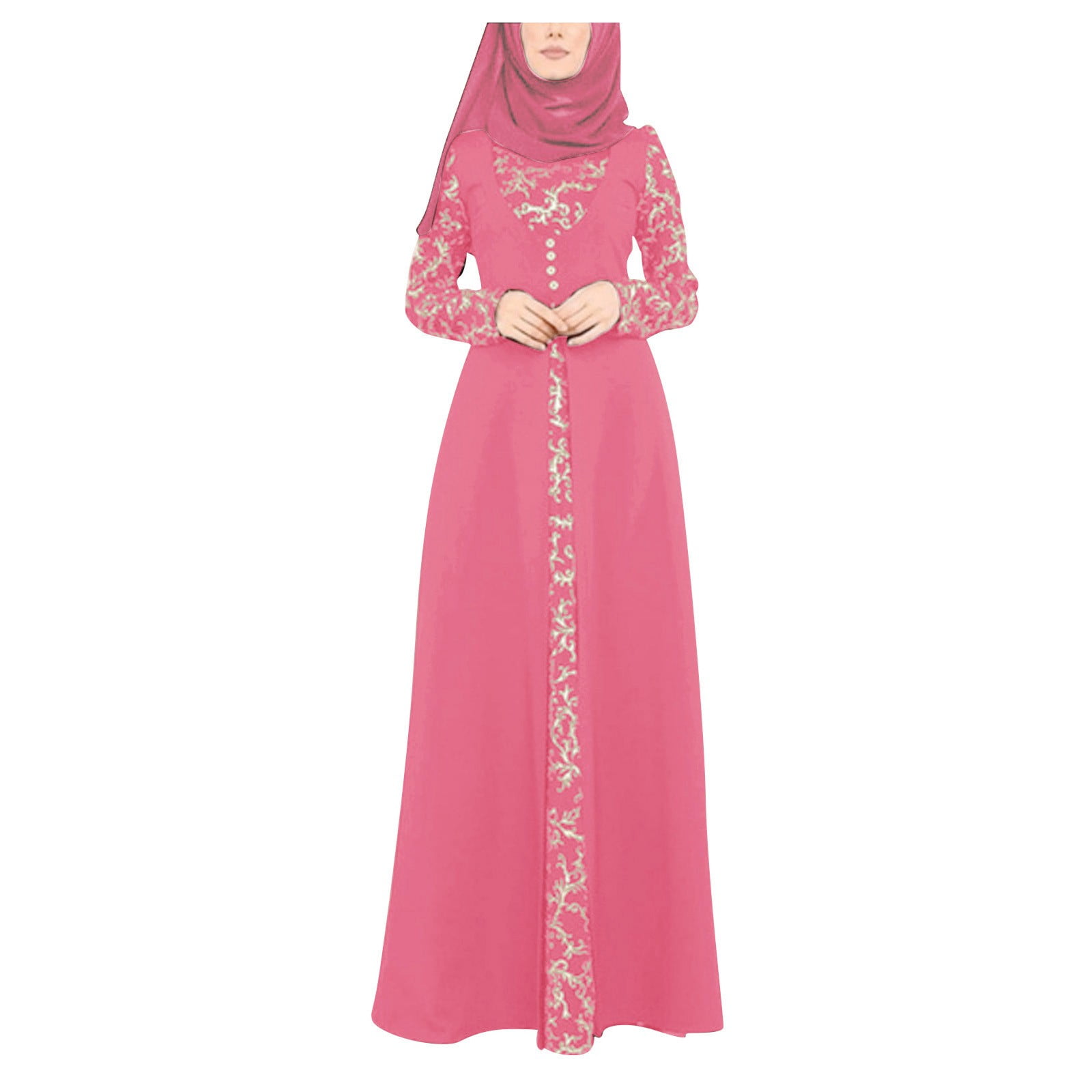 KUNAIK Women Muslim Dress Abaya Islamic Lace Stitching Maxi Dress
