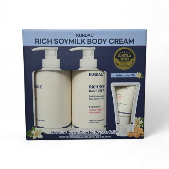 KUNDAL Rich Soymilk Creamy Body Cream, Mellow Vanilla Scent, 16.9 fl oz + 16.9 fl oz + 1.7 fl oz (3-Piece Set)