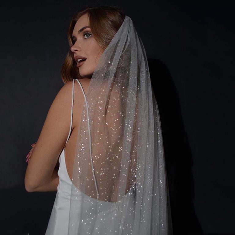 KUNGUGU Glitter Bride Wedding Veil (Women, Girls), White  display picture 3