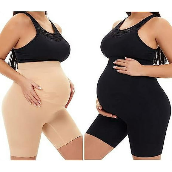 KUNINDOME Seamless Maternity Shapewear for Belly Support, Prevent Thigh Chaffing, Nude + Black, Large