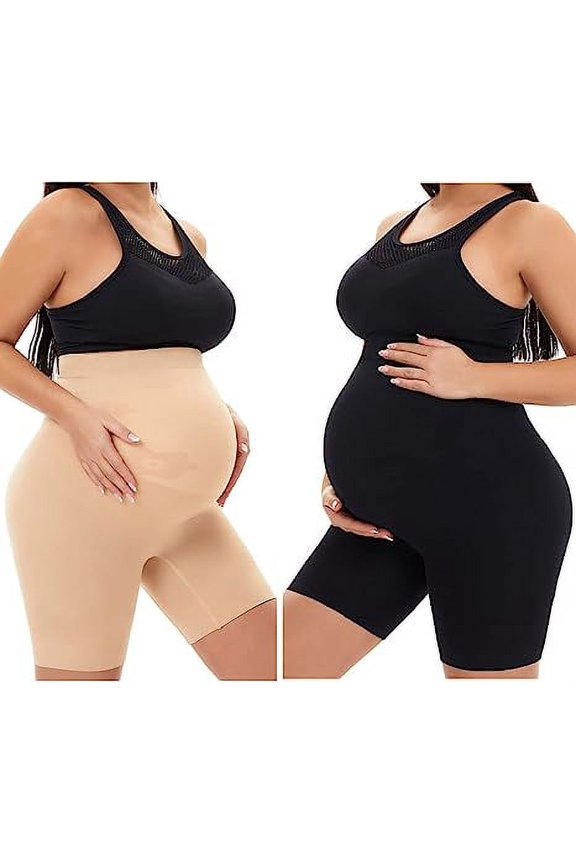 Seamless Maternity Shapewear for Belly Support, Prevent Thigh Chaffing, Nude + Black, Large