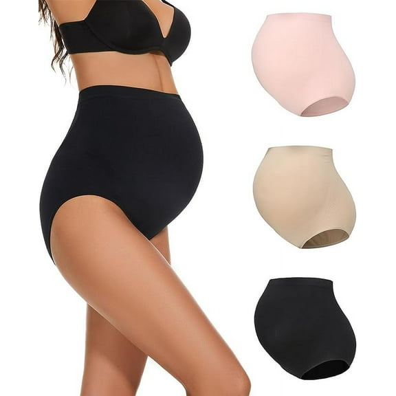 KUNINDOME Seamless Maternity Underwear Over Bump,Plus Size High Waist Pregnancy Panties, Nude + Black, X-Large