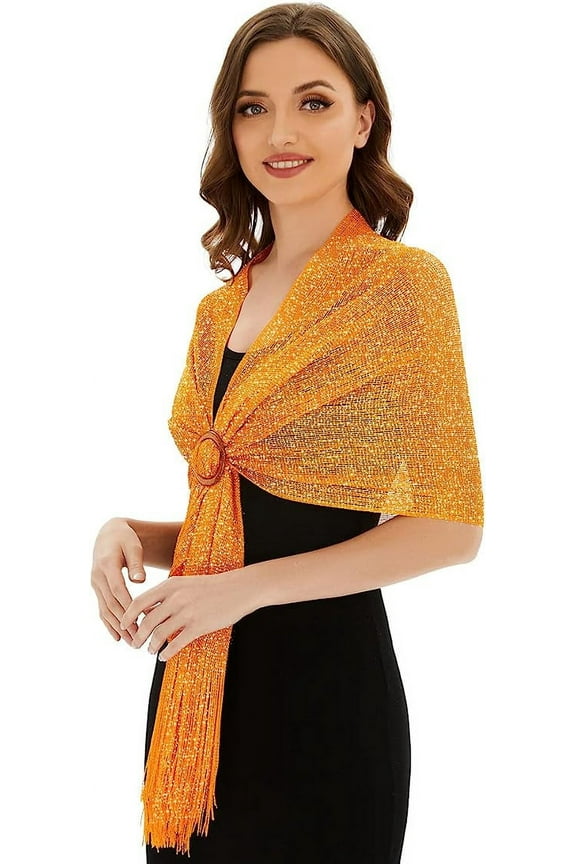 Sparkling Metallic Shawls and Wraps with Buckle,Women Shawls and Wraps for Evening Dresses, Classic Orange
