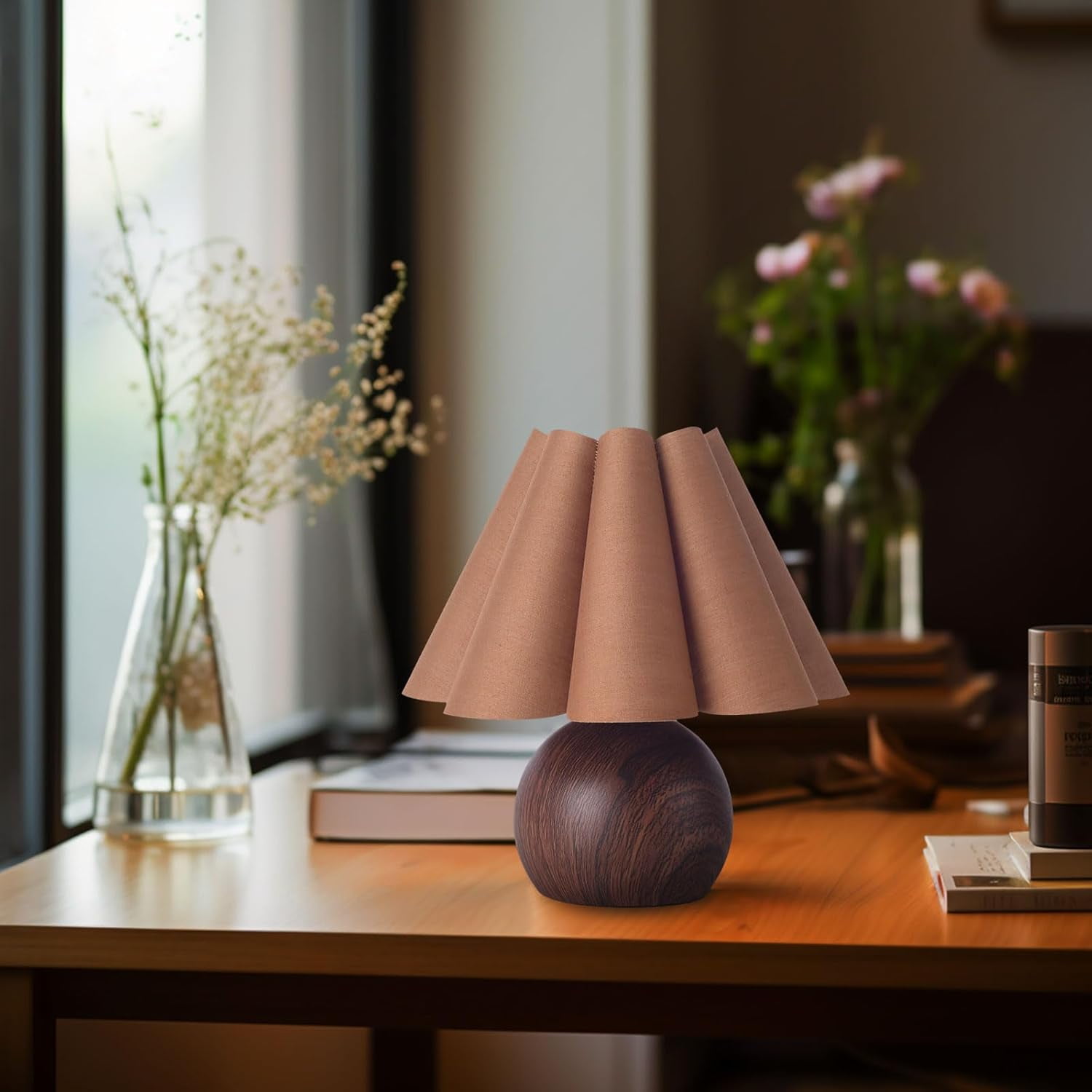 KUNJOULAM Cute Small Table Lamp, Modern Bedside Nightstand Lamp with Coffee Fabric Lampshade, Metal Base for Bedroom Home Office Decor (Without Bulb)
